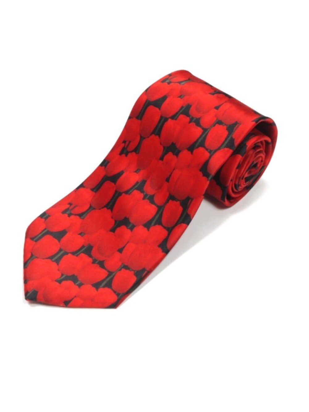 ROBIN RUTH Red Tulip Floral on Black Spring Garden Men's Silk Neck Tie